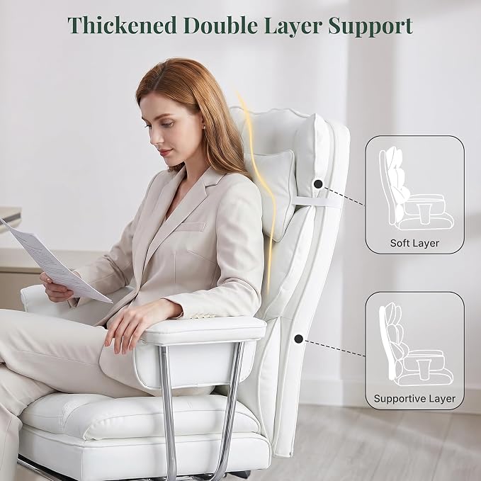 Executive Ergonomic Office Chair, PU Leather High Back Reclining Office Chair with Footrest and Lumbar Support, Height Adjustable Rolling Swivel Computer Chair for Home Office,White