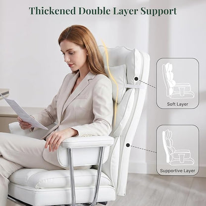 Executive Ergonomic Office Chair, PU Leather High Back Reclining Office Chair with Footrest and Lumbar Support, Height Adjustable Rolling Swivel Computer Chair for Home Office,White