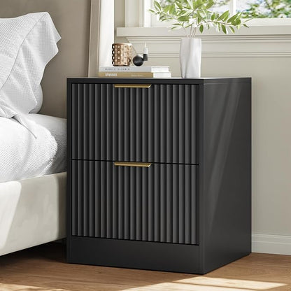 7 Drawer Dresser & Nightstand Set 3-Piece, 55” Wide Bedroom Dressers and Night Stand Set of 2 with Metal Handle, Fluted Modern Wood Chest of Drawers Storage Dressers Set for Bedroom, Black