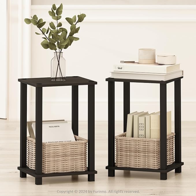 Furinno Simplistic Night Stand Set of 2, 2-Tier Small Nightstand with Open Shelf, Toolless Bedside Table, End Table, Side Table, for Bedroom, Closet, Dorm, Espresso