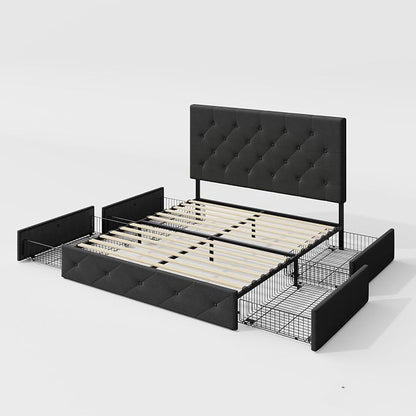 Allewie Upholstered Full Size Platform Bed Frame with 4 Storage Drawers and Headboard, Diamond Stitched Button Tufted, Mattress Foundation with Wooden Slats Support, No Box Spring Needed, Dark Grey