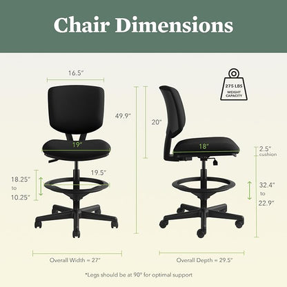 HON Volt Standing Desk Chair with Footring, Armless Ergonomic Task Stool with Center‑Tilt Recline, Adjustable Height Seating for Computers, Desks, and Sit‑Stand Workstations, Black