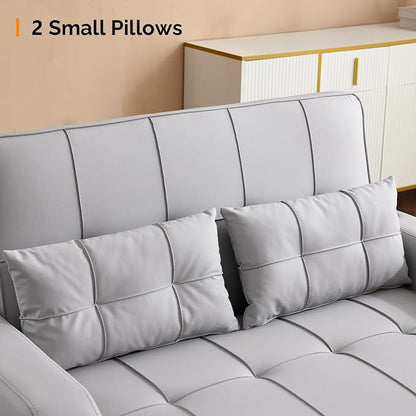 VINGLI Convertible Loveseat Sleeper Sofa, Light Grey Faux Leather Futon Sofa Bed Pullout Couch Bed with USB Ports, Cup Holders, Armrest for Living Room, Bedroom, Home Office Apartment