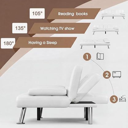 Flamaker Futon Sofa Bed Modern Folding Futon Set PU Leather Convertible Recliner Lounge for Living Room with 2 Cup Holders, Removable Armrests (PU Leather, White)