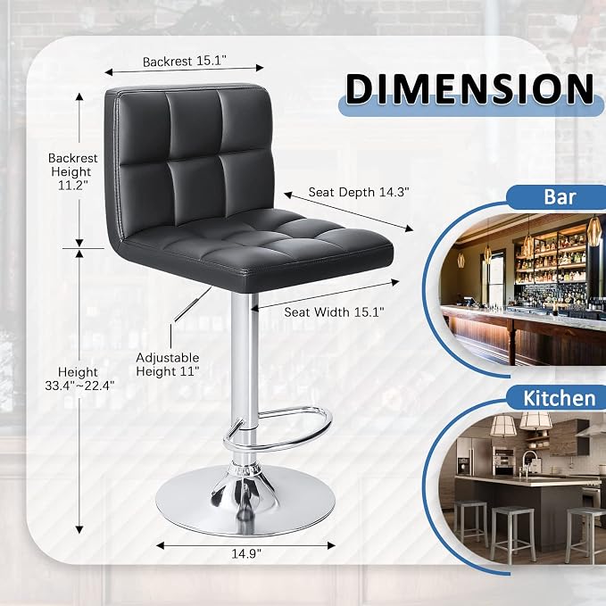Homall Bar Stools Modern PU Leather Adjustable Swivel Barstools, Armless Hydraulic Kitchen Counter Bar Stool Extra Height Square Island Barstool with Back Set of 4 (Leather, Black 4 Pcs)