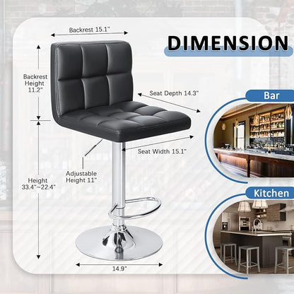 Homall Bar Stools Modern PU Leather Adjustable Swivel Barstools, Armless Hydraulic Kitchen Counter Bar Stool Extra Height Square Island Barstool with Back Set of 4 (Leather, Black 4 Pcs)