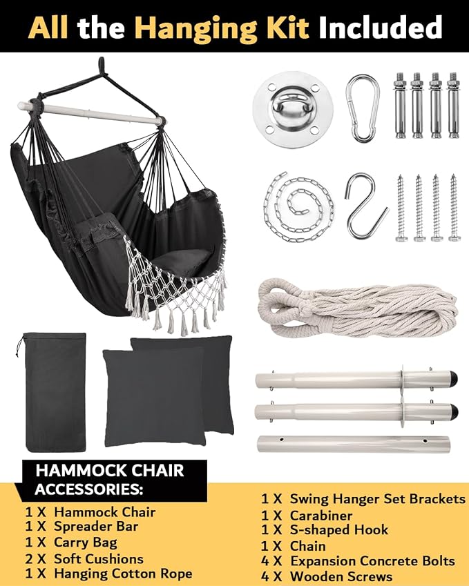 MIZTLI Hammock Chair Hanging Chair Swing Chair XXL Large Macrame Swing Indoor Hammock for Bedroom - Max 500 Lbs - 2 Cushions & All Hanging Kit Included