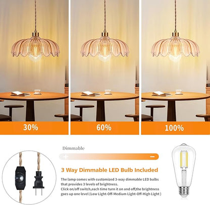 QIYIZM Plug in Pendant Light Hanging Lights with Plug in Cord Mid Century Modern Gold Hanging Lamp Glass Vintage Dimmable Flower Chandelier Ceiling Fixture for Living Room,Kitchen,Boho