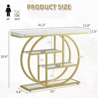 Shintenchi 41.3” Console Table with Storage, Industrial Entryway Table with Marble Top, 4-Tier Shelves Sofa Table Behind Couch, Narrow Accent Table for Living Room, Entryway, Hallway, Foyer,White Gold