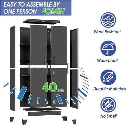 71" Metal Garage Storage Cabinet with Locking Doors and 4 Adjustable Shelves, Steel Tool Cabinets for Home,Office,Garage,Warehouse (Black, 71''H x 26''W x 14''D)