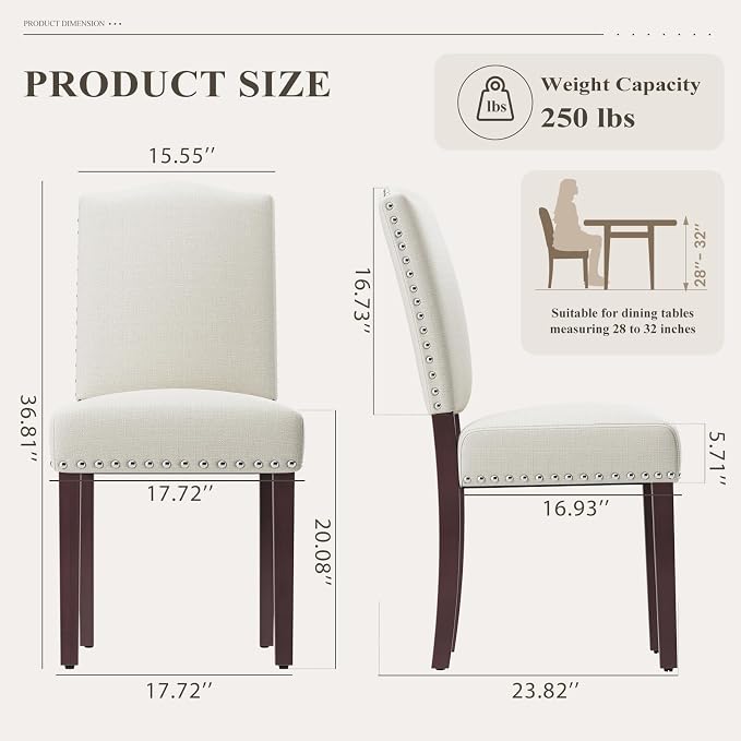 Upholstered Parsons Dining Chairs Set of 2, Modern Dining Room Chairs with Back, Fabric Kitchen Side Chairs with Wood Legs, Nailhead Trim for Dinner Farmhouse Restaurant, Beige