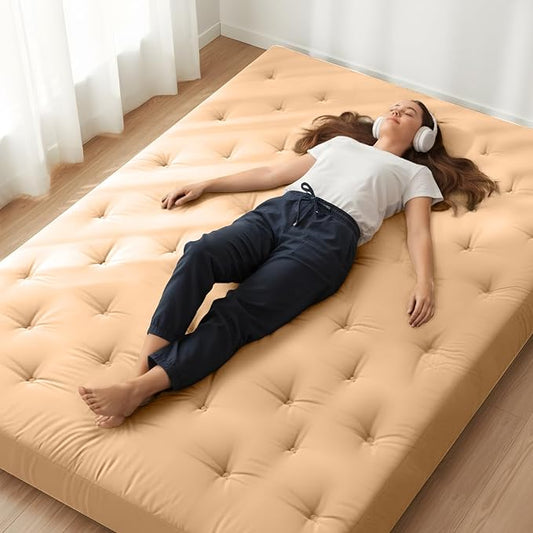 ZonLi Japanese Floor Futon Mattress Queen Size 80"x 60", 100% Cotton Cover 6'' Thicken Tatami Mattress, Foldable Sleeping Pad, Portable Dormitory Tatami Mat, Roll Up Floor Lounger Bed for Adult