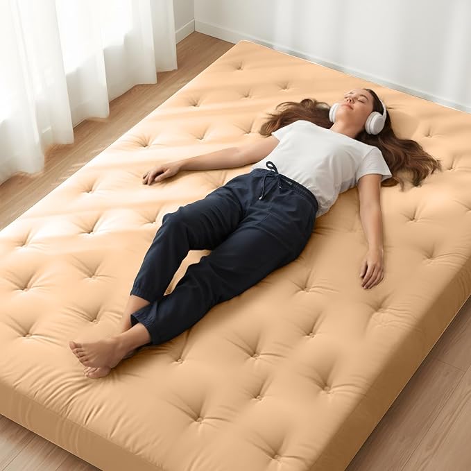 ZonLi Japanese Floor Futon Mattress Queen Size 80"x 60", 100% Cotton Cover 2.5'' Thicken Tatami Mattress, Foldable Sleeping Pad, Portable Dormitory Tatami Mat(Khaki)
