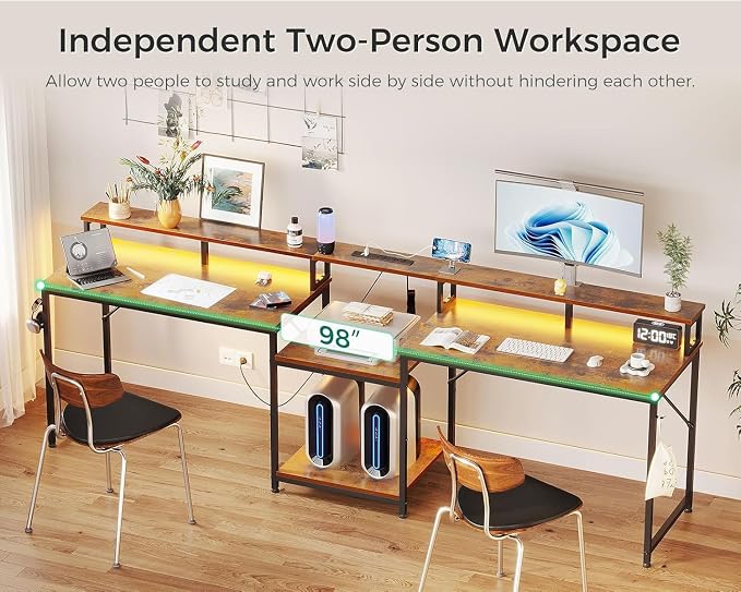 Casaottima 98 Inch 2 Person Gaming Desk with Storage Shelves, Long Double Home Office Computer Writing Desks with USB Charging Port & LED Lights, Monitor Stand, Modern Study/Work Table,Vintage