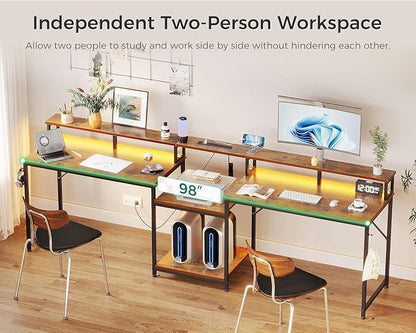 Casaottima 98 Inch 2 Person Gaming Desk with Storage Shelves, Long Double Home Office Computer Writing Desks with USB Charging Port & LED Lights, Monitor Stand, Modern Study/Work Table,Vintage