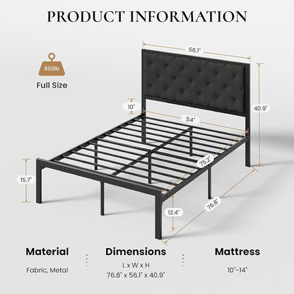 SHA CERLIN Full Size Metal Bed Frame with Linen Tufted Headboard, Dark Gray | Modern Design Heavy-Duty Platform Bed, No Box Spring Need, Linen Fabric Upholstery, Noise Free, Easy Assembly