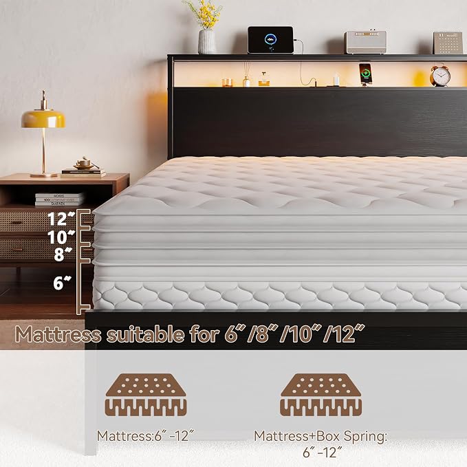 Forestell Queen Bed Frame with Headboard & 6 Drawers, Metal Platform Bed Frame Queen Size with LED Lights & Charging Station, 2 Tier Shelf Storage Bedframe-No Box Spring Needed, Noise Free, Black