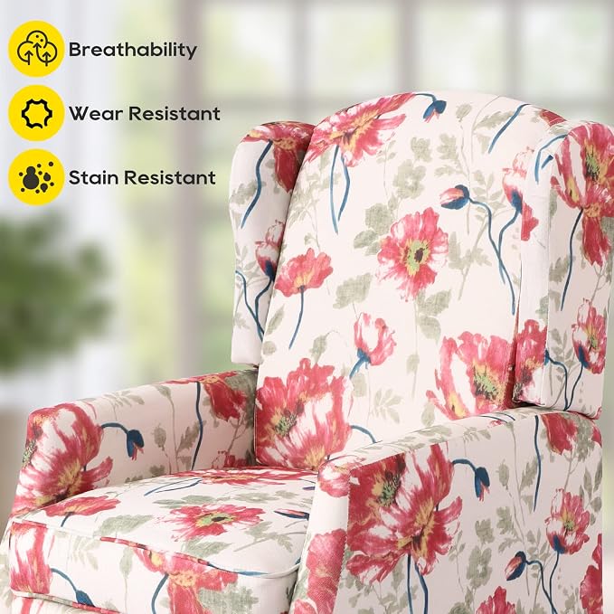Upholstered Wingback Recliner Chair, Traditional Push Back Recliner Chair with Padded Seat, Fabric Floral Chair Wingback Recliner with Wooden Legs, Small Recliners for Small Spaces