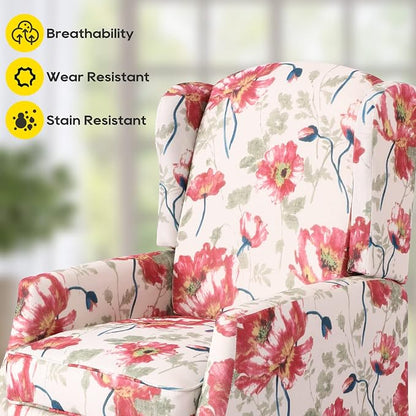 Upholstered Wingback Recliner Chair, Traditional Push Back Recliner Chair with Padded Seat, Fabric Floral Chair Wingback Recliner with Wooden Legs, Small Recliners for Small Spaces