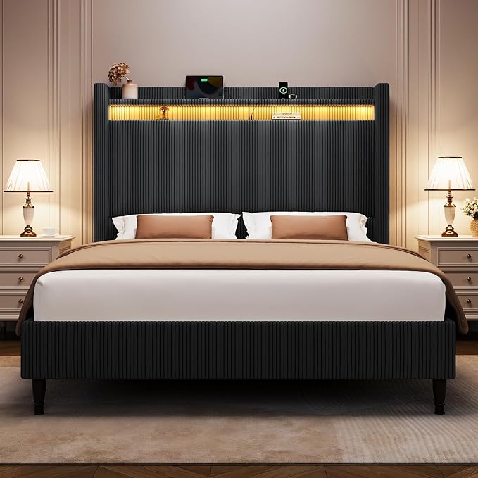 Queen Size Bed Frame with Tall Headboard, 55.3" Upholstered Platform Bed with LED Lights & Charging Station, Elegant Corduroy Bedframe, 2-tier Storage Wingback Headboard, No Box Spring Needed, Black