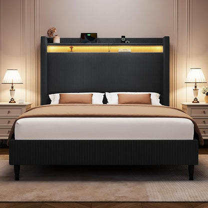 Queen Size Bed Frame with Tall Headboard, 55.3" Upholstered Platform Bed with LED Lights & Charging Station, Elegant Corduroy Bedframe, 2-tier Storage Wingback Headboard, No Box Spring Needed, Black