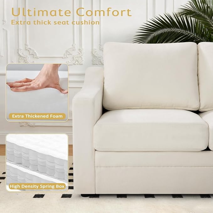 83” Chenille 3 Seats Sofa w/Comfortable Back Cushions, Beige | Modern Couch w/Deep Seat Space, Upholstered 3 Seater Sofa w/High Resiliency Foam for Living Room