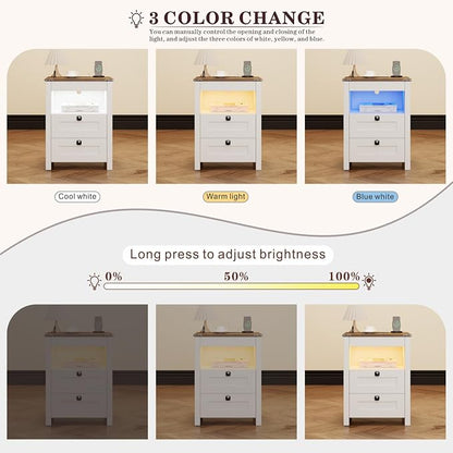 TAGELIER Farmhous Nightstand with Gun Drawer,Bedside Table with Charging Station, Gun Night Stand with LED Light & Human Sensor,Smart End Table for Bedroom, Antique White