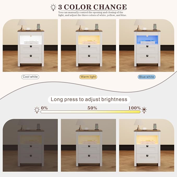 TAGELIER Night Stand Set 2 with Gun Drawer, Farmhouse Bedside Table with Charging Station, Gun Nightstand with LED Light & Human Sensor, Smart End Table for Bedroom, Antique White