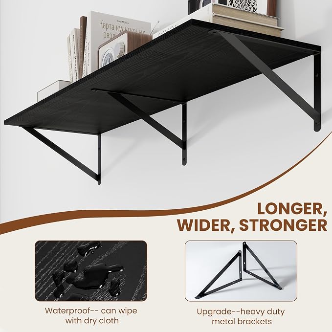 Heimlove Black Deep Floating Shelves for Wall, 40W x 12D Wood Wall Shelves Set of 2, Wide Floating Bookshelf for Living Room, Kitchen, Office, Bedroom and Decor Storage, with Metal Bracket - Black