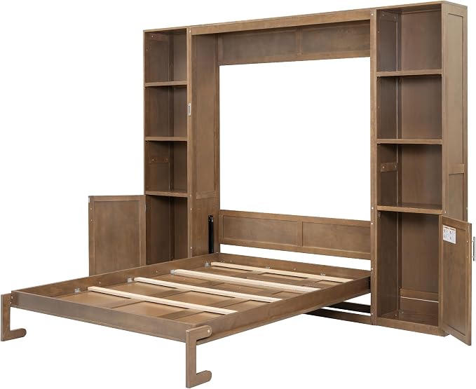 Ball & Cast Murphy Bed Queen Bed Frame with Headboard,Hideaway Bedframe w/Storage Shelves and Cabinets,Wood Wall Chest,Slat Support,can be Folded,No Box Spring Needed,for Small Room,Wood