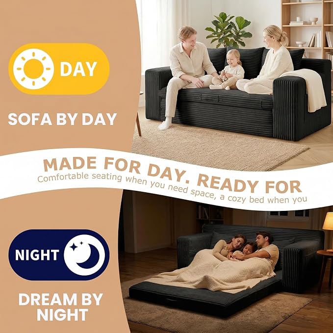Boneless Couch Sofa Bed, 70'' Convertible Tri-Folding Futon Sleeper with Handle & Side Pockets, Pull Out Couch Bed with Hook and Loop No Assembly for Small Space,Living Room & Bedroom