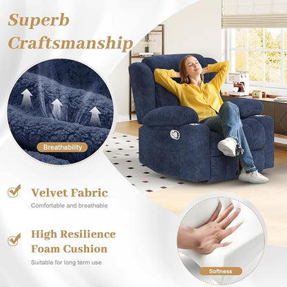 New Recliner Chair for Adults, Oversized Fabric Loveseat Recliner, Manual Pull Tab Reclining Chair with Cup Holders, Minimalist Style Single Sofa for Living Room, RV (Blue)