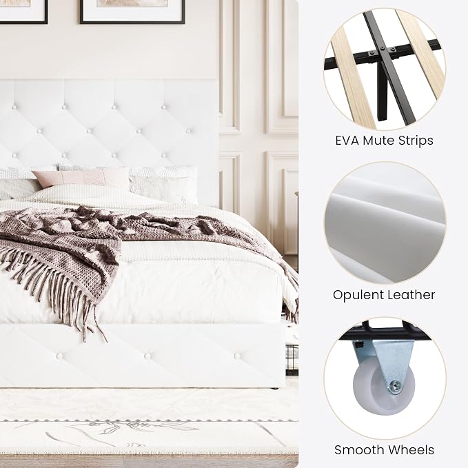 SHA CERLIN Upholstered Queen Platform Storage Bed Frame with 4 Drawers, Adjustable Headboard with Faux Leather Diamond Button Tufted Design, Wooden Slat Support, No Box Spring Needed, White