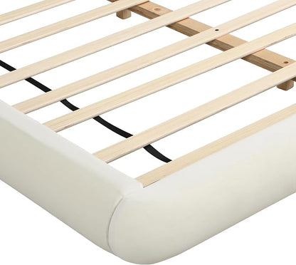 Merax Queen Size Low Profile Floor-Hugging Platform Bed, Platform Bed Frame with 27.45'' Headboard, 800lb WeightCapacity, Upholstered Modern Bed in Fabric, Cream