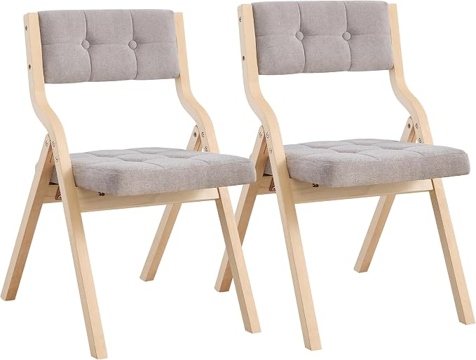 2-Pack Folding Dining Chairs with Cushion,Padded Foldable Dining Chairs,Portable Wooden Folding Chairs with Tufted Buttons Seat for Dining Rooms Kitchen Wedding and Party Indoor Lightgrey