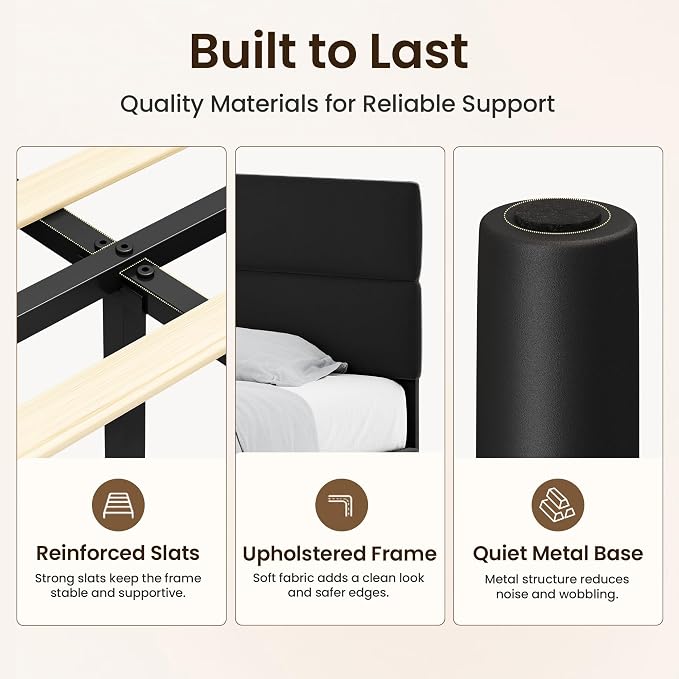 GRUSIGN King Size Platform Bed Frame with Velvet Headboard, Adjustable Height Wooden Slats Support, Upholstered Mattress Foundation, Fits Mattress or Mattress with Box Spring, Easy Assembly, Black