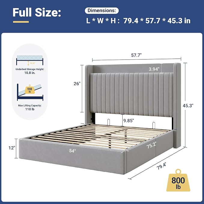Allewie Full Size Lift Up Storage Bed Frame,Storage Shelf Headboard with Charging Station,Type-C and USB Ports,Hydraulic Support,Velvet Upholstered Bed Frame,No Box Spring Needed,Grey