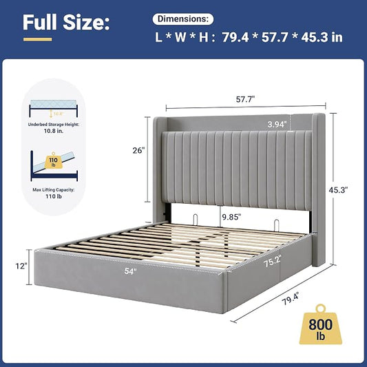 Allewie Full Size Lift Up Storage Bed Frame,Storage Shelf Headboard with Charging Station,Type-C and USB Ports,Hydraulic Support,Velvet Upholstered Bed Frame,No Box Spring Needed,Grey