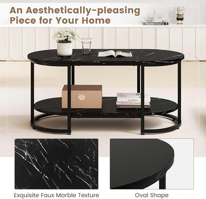 Giantex 2-Tier Coffee Table, Oval Center Table with Faux Marble Top & Open Storage Shelf, Modern Accent Table with Heavy Duty Metal Frame, Cocktail Table for Living Room Reception (Black Marble)