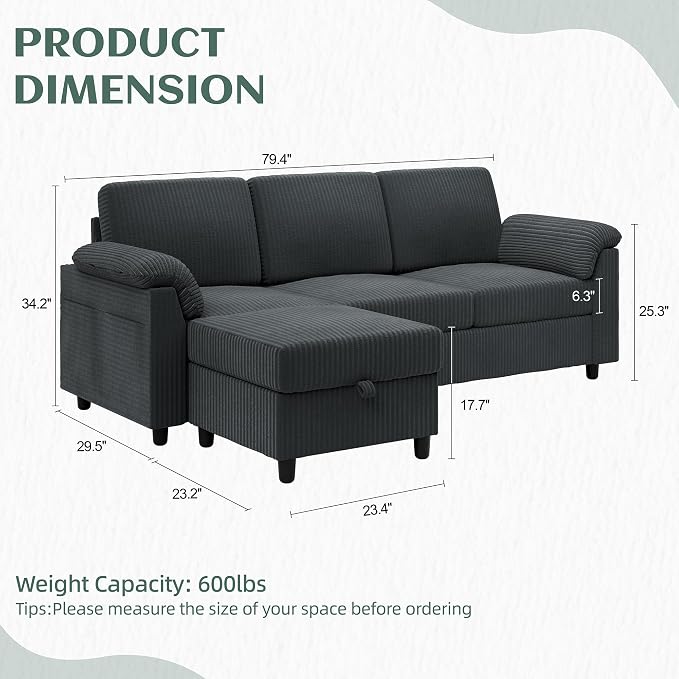 Vongrasig Convertible Sectional Sofa Couch, 3 Seat L Shaped Sofa with Removable Pillows Soft Corduroy Fabric Small Couch Mid Century for Living Room, Apartment and Office (Gray)