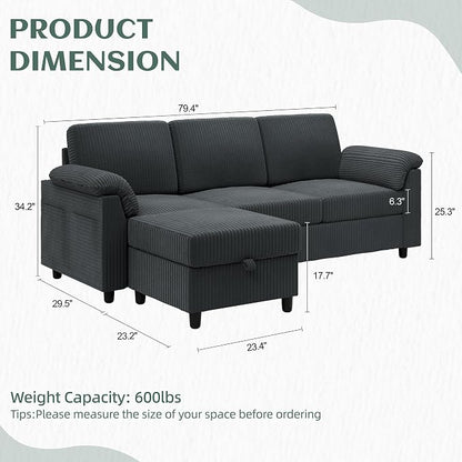 Vongrasig Convertible Sectional Sofa Couch, 3 Seat L Shaped Sofa with Removable Pillows Soft Corduroy Fabric Small Couch Mid Century for Living Room, Apartment and Office (Gray)