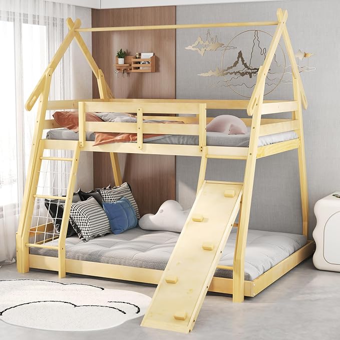 KOTEK Twin Over Queen Bunk Bed, House Bunk Beds with Climbing Nets and Ramp, No Box Spring Needed, Solid Wood Low Bunk Bed Frame for Kids Boys Girls (Natural)