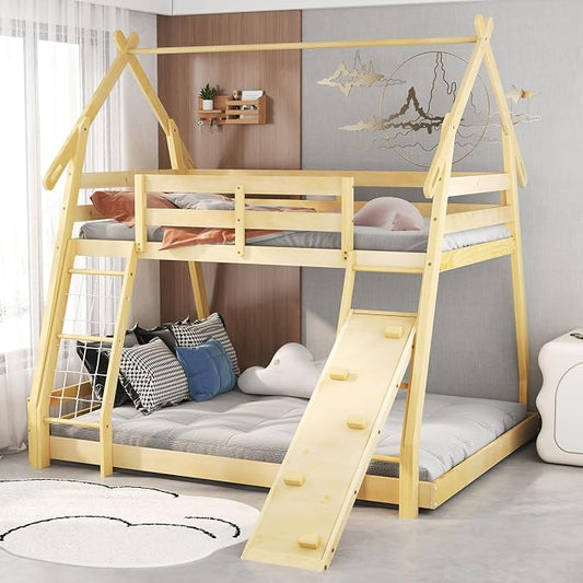 KOTEK Twin Over Queen Bunk Bed, House Bunk Beds with Climbing Nets and Ramp, No Box Spring Needed, Solid Wood Low Bunk Bed Frame for Kids Boys Girls (Natural)