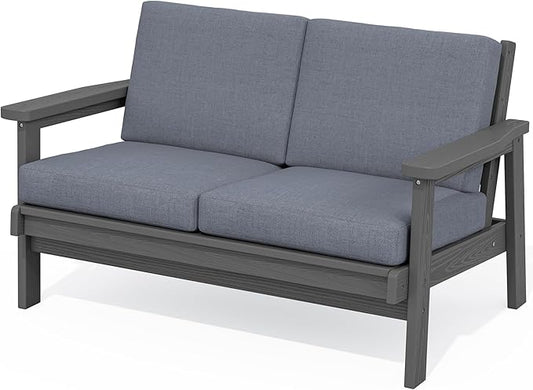 SERWALL HDPE Outdoor Patio Loveseat, All Weather Wood-Like Outdoor Sofa HDPE Outdoor Furniture, Grey Frame and Grey Cushion