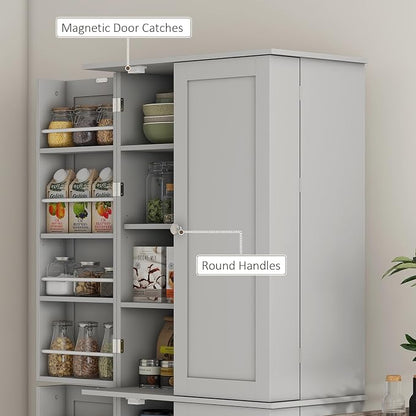 HOMCOM 65" Kitchen Pantry Storage Cabinet, Freestanding Kitchen Cabinet with 16 Door Shelves, Double Doors, 8-Tier Shelving and Adjustable Shelves, Gray