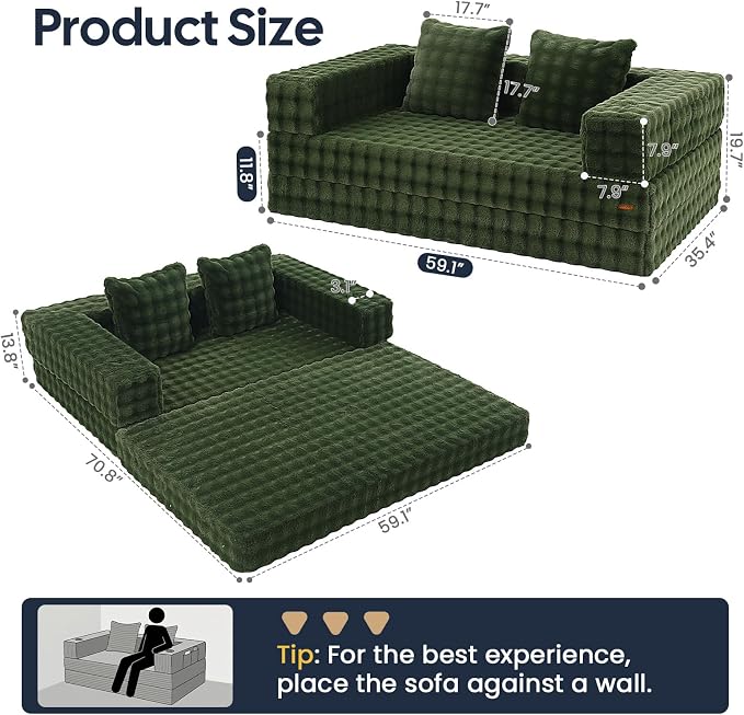 COMAX Futon Sofa Bed, Convertible Sofa Bed, Folding Boneless Couches | Boneless Couch for living room, Fold Out Small Foldable Loveseat Floor Sleeper Mattress Lounge Space‑Saving, Classic Green