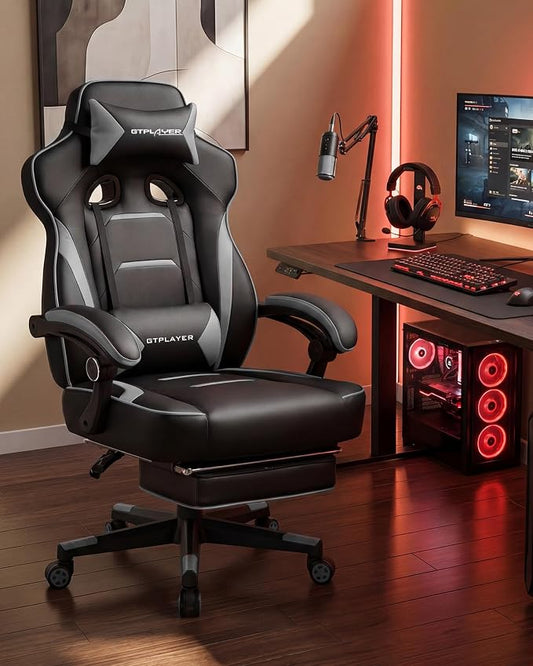 GTPLAYER Gaming Chair with Footrest, Big and Tall Computer Game Chair 350lb Racing Style, Ergonomic High Back Lumbar Support and Recliner, Moon Gray