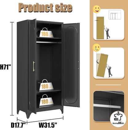 Armoire Wardrobe Closet, 71" Tall Metal Storage Cabinet with Hanging Rod and Adjustable Shelves, Clothes Wardrobe Cabinet, Black Armoires, Steel Closet for Bedroom, Bathroom, Office, School