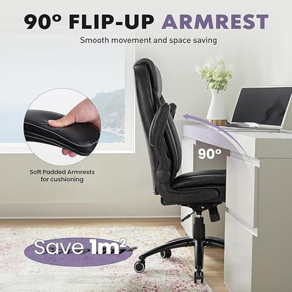 MALOL 300lbs Office Chair with Flip-Up Armrests & Reclining Backrest, Ergonomic PU Leather Executive Desk Chair-Adjustable Height & Tilt Tension, Black