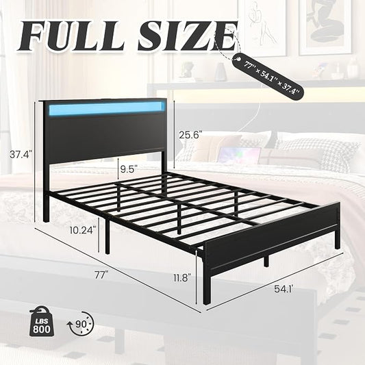 Fluest Full Bed Frame with Headboard & Footboard, Full Bed Frame with Built-in Charging Station & LED Light, Storage Shelf, Noise-Free, No Box Spring Needed, Easy Assembly, Classic Black